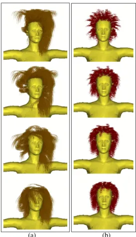 Figure 5: Still frames generated with our implementa- implementa-tion, showing long straight hair (a) and curly hair (b) while falling down after jumping.