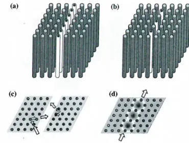 Figure  3.1:  Schematic  drawing  of  (a)  planar  and  (b)  coupled-cavity  waveguides  in  photonic  crystals,  (c)  Planar  waveguides  (PW )  consist  of  two  parallel  photonic  crystal  mirrors  with  a  suitable  separation  between  them