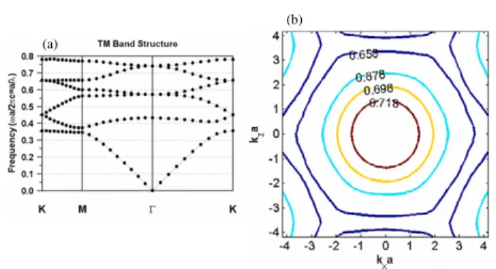 Figure 1. (a) The first six TM polarized bands of the 2D PC plotted in the Brillouin zone