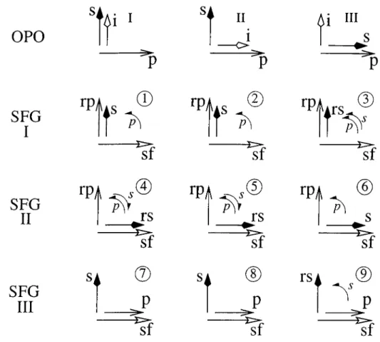 Figure  3.1:  Polarization  diagram.s  for  possible  combinations  of  BPM  types  in  SF-  O P O ’s