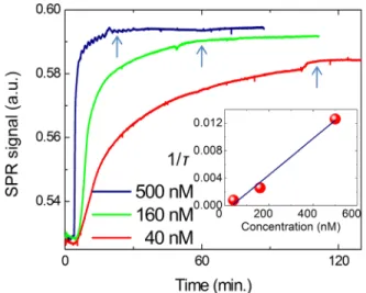 FIG. 4. Overlaid binding interaction plot for BSA for concentration from 40 nM to 500 nM interacting with graphene layer