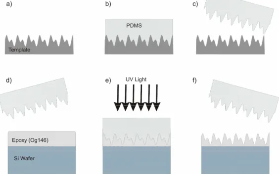 Fig. 2. Schematic diagram for replication and transfer of the grating structure onto the  polymeric surface using the elastomeric stamp (PDMS); (a) Biharmonic master grating  template was prepared using interference lithography, (b) the template was prepar