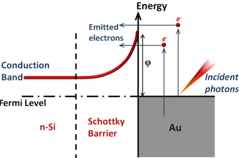 Figure 2.1: Energy band diagram of an Au/n-Si Schottky junction. Photons incident on the metal can excite the electrons of the metal to higher energy levels (hot electron generation) and these hot electrons can be emitted into the semiconductor to generate