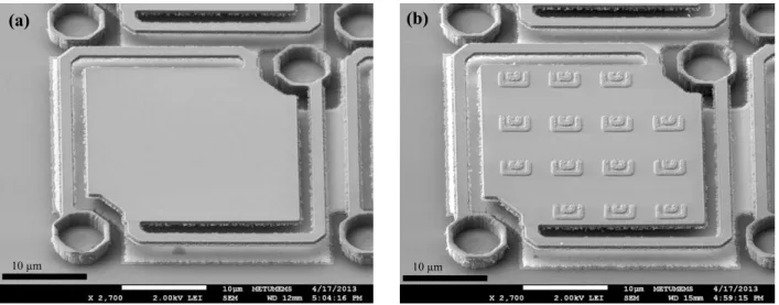 Figure 4: Aerial view SEM images of completed pixels: (a) reference pixel and (b) pixel with the embedded plasmonic  structures