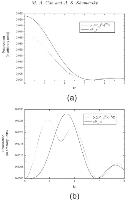 Figure 3. Quantum fluctuations of polarization as a function of distance kr. The solid and dotted lines show the polarizations and corresponding fluctuations for (a)