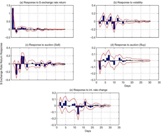 Figure 2. TRL/USD daily exchange rate return (log difference) response to shocks to different variables in the system
