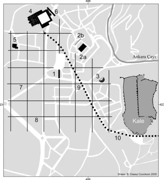 Fig. 1. The remains of classical Ancyra in relation to the medieval kale and the modern street system, with the putative orthogonal plan of the classical polis overlaid, and the line of the Ankara Çayı (now sealed by the Bentderesi Caddesi) indicated