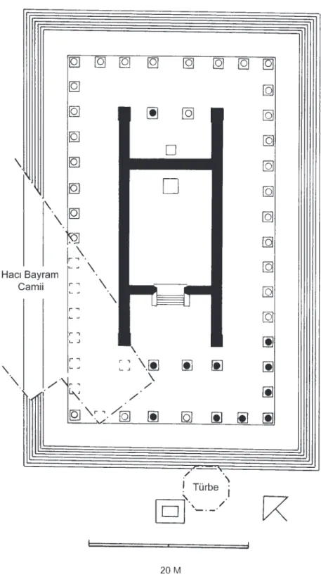 Fig. 2. The restored plan of the Temple to Augustus and Roma, in relation to the Hacı Bayram Camii and the associated türbe, based on the work by Krencker and Schede 1936.