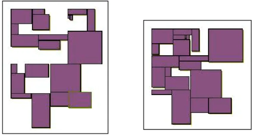 Figure 2.6: The same set of objects packed with alternate-bisection; ordered one dimensional packing is not used in the left one.