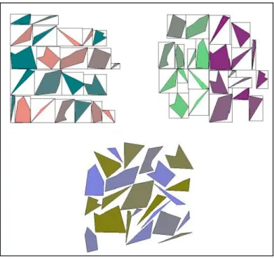 Figure 2.8 : A sample from the random set of objects laid out with three methods: tiling (upper left), alternate-bisection (upper right), and polyomino (bottom).