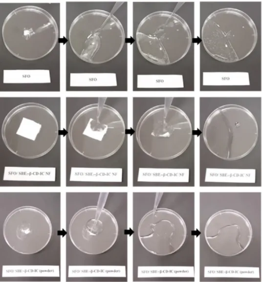 Fig. 10. Presentation of the solubility behaviour of sulﬁsoxazole (represented by “SFO”), sulﬁsoxazole/SBE 7 - b -CD-IC NF and sulﬁsoxazole/SBE 7 - b -CD-IC powder for a few seconds of water exposure