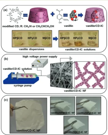 Fig. 1 (a) Chemical structure of modi ﬁed CD and vanillin molecules, schematic representation of IC formation between CD and vanillin, and photographs of water based vanillin dispersion and vanillin/CD-IC  solu-tions