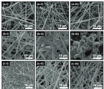 Fig. 2 Representative SEM images of electrospun (a) vanillin/HP βCD-IC NF, (b) vanillin/HP γCD-IC NFs and (c) vanillin/MβCD-IC NFs obtained in (i) water, (ii) DMF and (iii) DMAc.