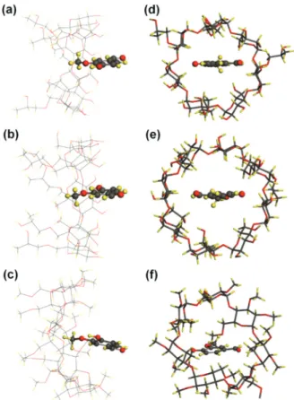 Fig. 6 The side view (a –e) and the front view through a narrow rim (b –f) of IC of vanillin within HPβCD, HPγCD, and MβCD