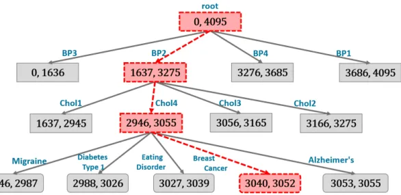 Figure 3.4: A toy example of the encoding process. The message is for a female patient with the age range of 30 to 40 who suffers from breast cancer