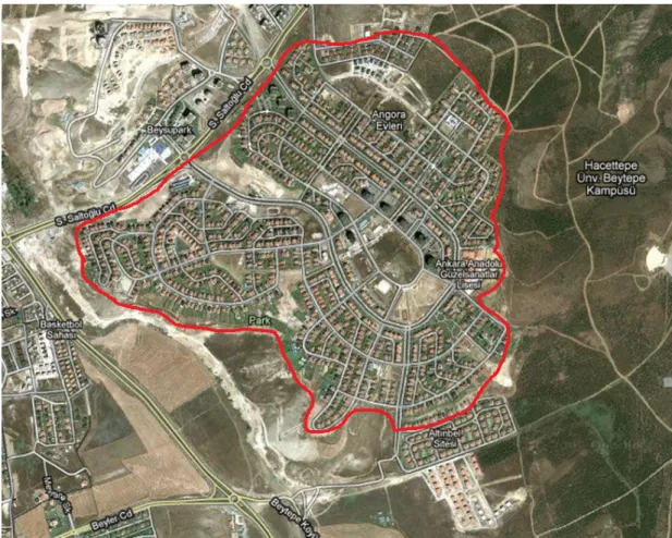 Figure 3.3. Satellite image of Angora Evleri (Adapted from, Google Maps, Retrieved  April 15, 2010, from http://maps.google.com/) 