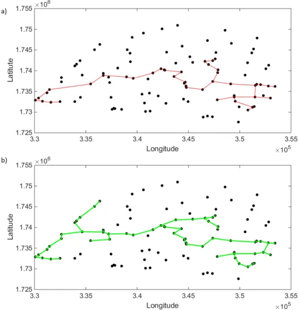 Figure 5.1: Final Grid obtained by PCST method of 102-node instance a)with MK, b)with PCST