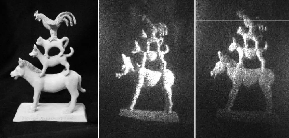 Figure 3. An example object captured: (a) photograph of the object, (b) a digital reconstruction from a hologram where the object was illuminated from a single direction, and (c) the improved results (fewer voids representing regions in shadow) by illumina