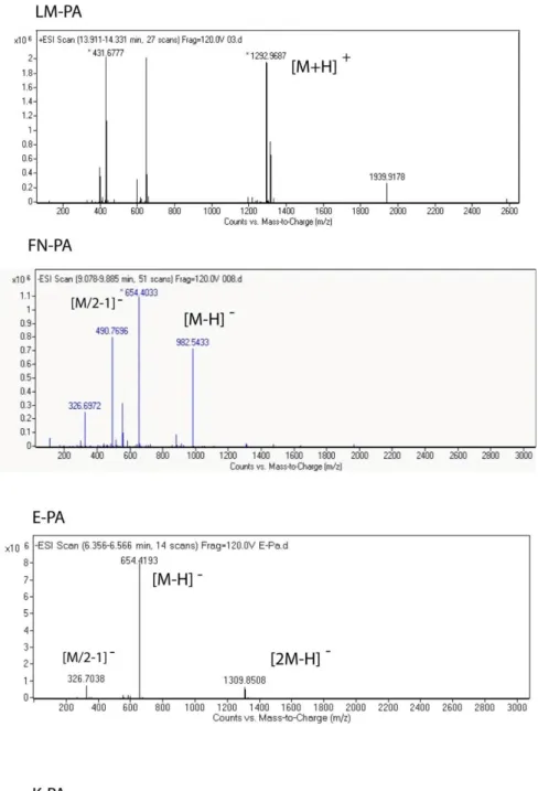Figure 2.3. Electrospray ionization mass spectra of A) LM-PA, B) FN-PA, C) E-PA  and D) K-P