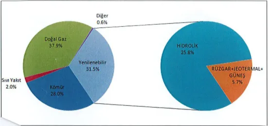 Grafik 3.20:  Türkiye 2015 elektrik üretiminin kaynaklara göre dağılımı [14]. 