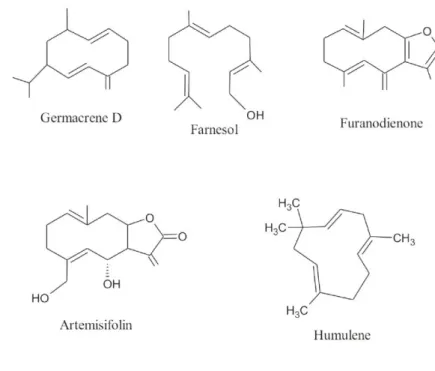 ġekil  2.12‘de  gösterilen  moleküllerden  biri  olan  Farnesol  asiklik  seskiterpenlerin önemli organik bileĢiklerinden birisidir