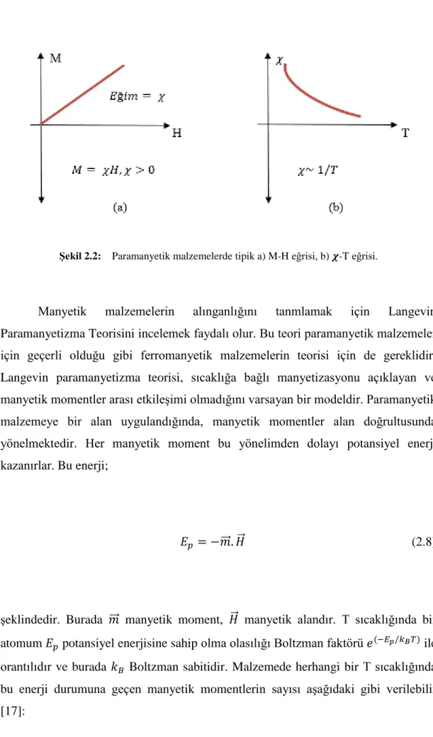 Şekil 2.2:   Paramanyetik malzemelerde tipik a) M-H eğrisi, b) 