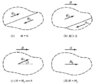 Şekil 2.3:  Ferromanyetik  malzemelerde  a)  zıt  yönde  manyetize  olmuş  domainler  ve  onları  ayıran  domain duvarı, b) domain duvar hareketi, c) tek domain haline gelmiş kristal, d) domain  dönme hareketi ile alan yönüne yönelmiş manyetizasyon [17]