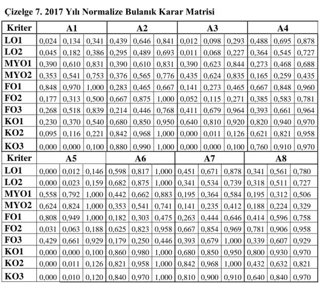 Çizelge 7. 2017 Yılı Normalize Bulanık Karar Matrisi  