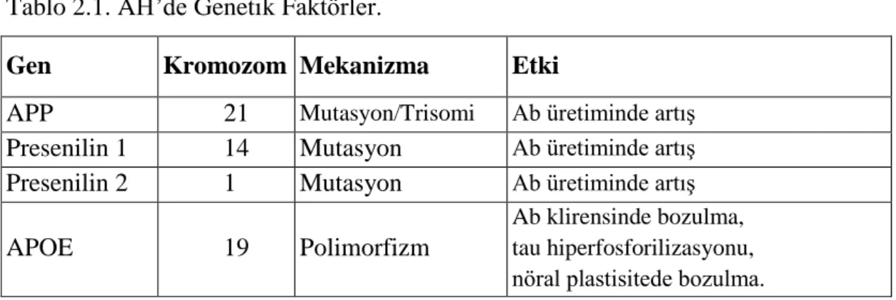 Tablo 2.1. AH‟de Genetik Faktörler. 