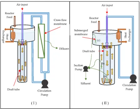 Figure 1. Schematics of (I) JLMBR (jet loop membrane bioreactor), side stream cross-flow membrane  coupled jet loop bioreactor [17,18] and (II) MHCR (membrane-coupled high-performance compact  reactor), submerged membrane modules placed in different region