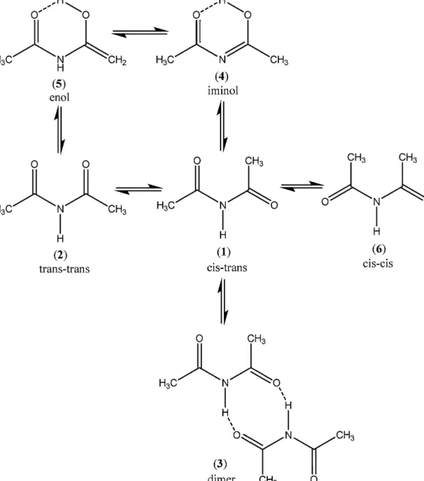 Fig. 1. All possible rotamer, tautomer and dimer structures of diacetamide.