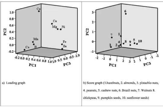 Fig. 2. Three way Principal Component Analysis loadings and score plot for intestinal ingestions.