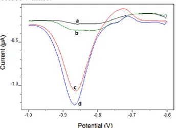 Figure 1. Stripping voltammograms of 7x10 -7  M ARS  (a),  a + 10 µg/L Mo(VI) (b), b + 0.08 M KClO 3
