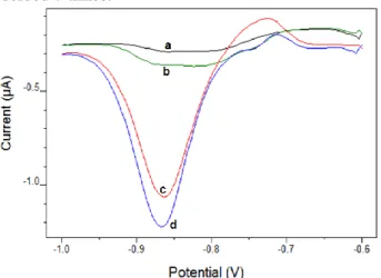 Figure 1. Stripping voltammograms of 7x10 -7  M ARS  (a),  a + 10 µg/L Mo(VI) (b), b + 0.08 M KClO 3