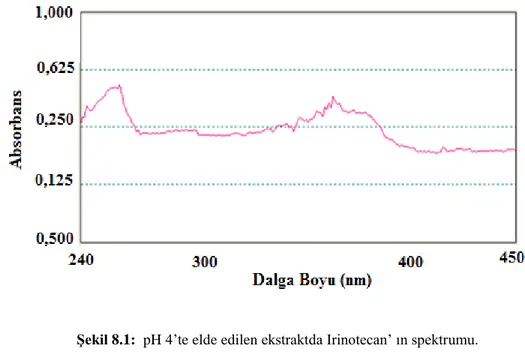 Şekil  8.1’de  verilen  pH  4’te  elde  edilen  ekstraktın  spektrumunda  da  görüleceği  gibi  maksimum  absorbans  değeri  256  nm’de  gözlendi