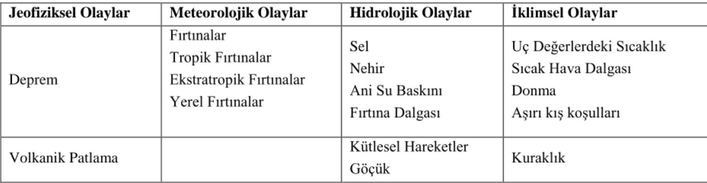 Tablo 1. Doğal Afetlerin Sınıflandırılması 