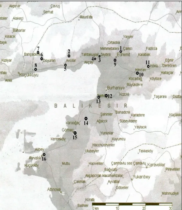 Şekil 3.3 Edremit Körfezi çalışma kapsamına giren merkezlerin dağılımı.            