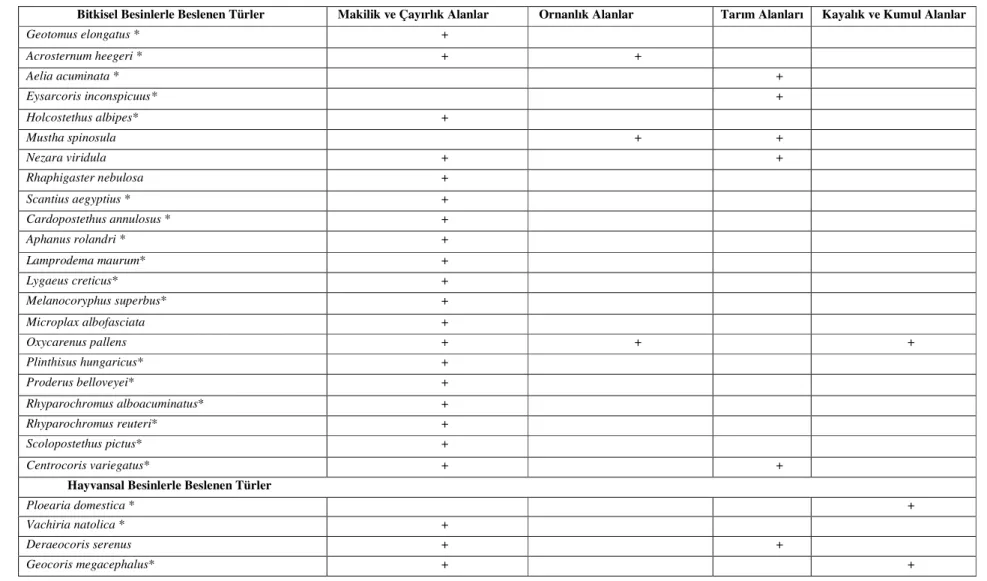 Çizelge 5.2  İncelenen materyalin beslenme rejimlerine ve  biyotoplara göre dağılımı (* Zeytin bahçelerinde bulunduğu ilk kez belirlenen türler) 