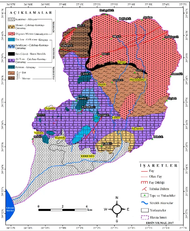 Şekil 3: Edremit Çayı Havzası Jeoloji ve Litoloji Haritası (MTA, 2017’den Saha  Çalışmaları İle Düzeltilmiştir) 