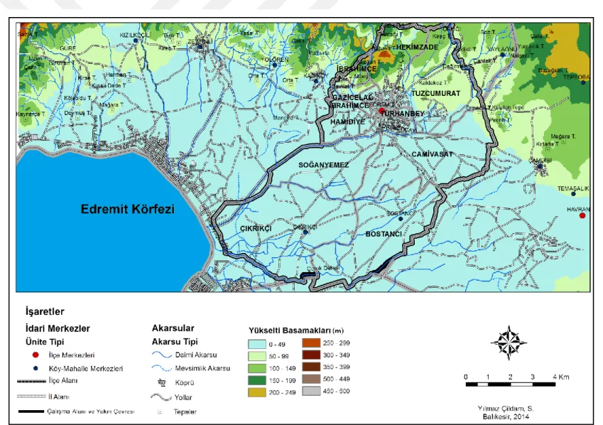 Şekil 2: Edremit Şehri ve Yakın Çevresinin Yükselti Basamakları Haritası 
