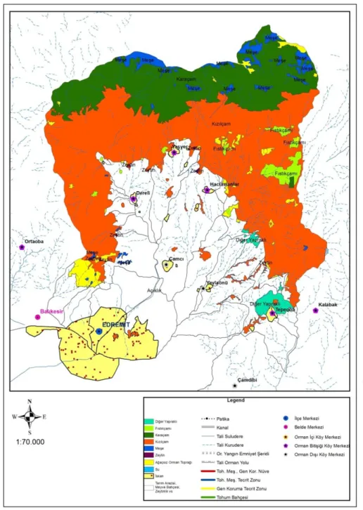 Şekil 7: Edremit Şehri ve Çevresinde Bitki Örtüsünün Dağılımı (2014)   Kaynak: Edremit Orman İşletme Müdürlüğü