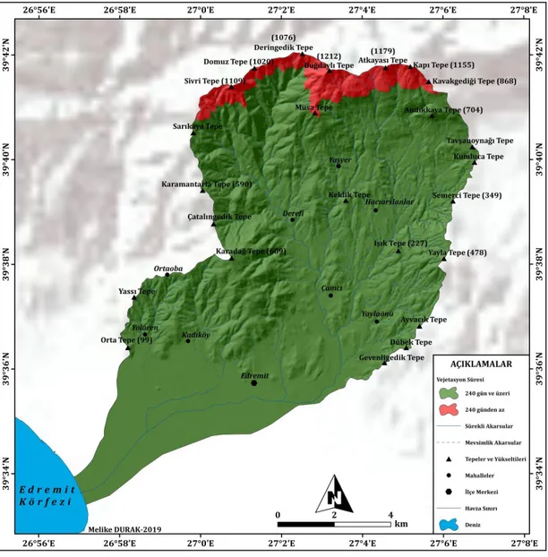 ġekil  21:  Edremit  Çayı  Havzası'nın  Yükseltiye  Bağlı  DeğiĢen  Vejetasyon  Süresi  Haritası 
