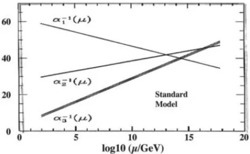 Şekil  2.2:  Standart  Model’de  üç  etkileşimin  ayar  bağlaşım  sabitlerinin  enerji  düzeyine  göre  davranışları  (  1 ,  elektromanyetik  etkileşimin,   2 ,  zayıf  etkileşimin,   3   ,  güçlü  etkileşimin ayar bağlaşım sabitidir.)[7]  