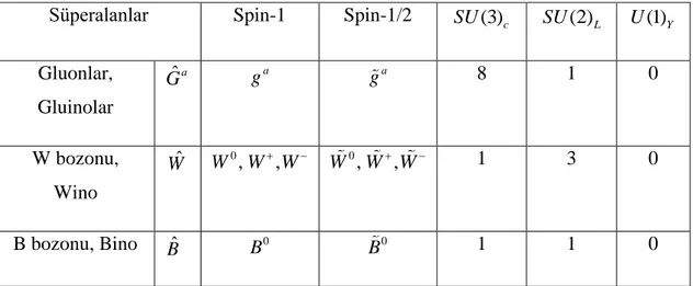 Tablo 3.2:  SM ayar bozonları (spin-1) , süpereşleri (spin-1/2) ve ayar yükleri olmak üzere MSSM’in  ayar süperçokluları  