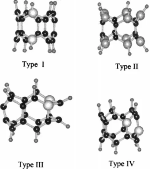 Fig. 2. The representative structures for the boron substituted cycla- cycla-cenes (Types I±IV, R  5; Carbon, boron and hydrogens are black, big grey and small grey balls, respectively).