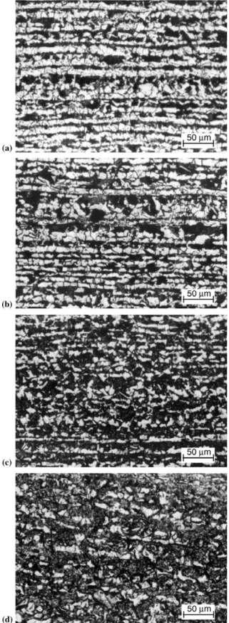 Fig. 6. Light micrographs of the microstructures of intercritically annealed S3 steel at diﬀerent temperatures: (a) 745 °C, (b) 760 °C, (c) 775 °C, and (d) 790 °C.