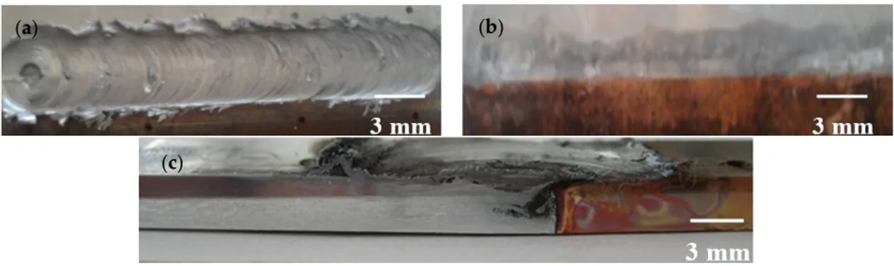 Figure  3.  Macrograph  of  the  welded  part  under  630/50/1  conditions:  (a)  Upper  surface;  (b)  Lower  surface; (c) Cross section. 