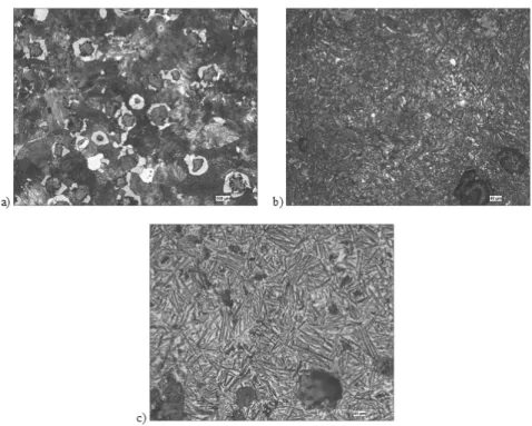 Şekil 2. KGDD’in a) döküm b) temper martensitik ve c) östemperlenmiş iç yapı görüntüleri 