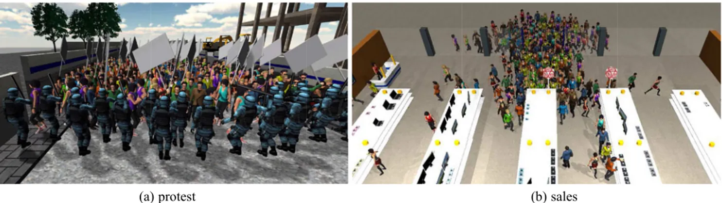 Fig. 1. Still frames from two crowd scenarios representing expressive and acquisitive mobs: (a) protest and (b) sales.