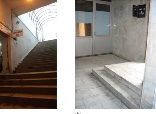 Figure 4. [In colour online.] Two examples of public toilets accessed by steps: (a) a long, steep flight  of steps with no handrail; (b) fewer shallow steps but no ramp or handrail.